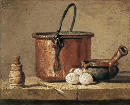 Still life with a pan, pepper pot, leek and three eggs