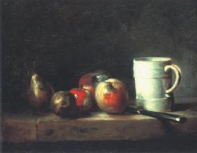 Still life with a cup, pear, four apples and a knife
