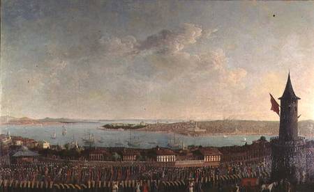 View of Constantinople with a procession of janissaries passing the Galata Tower od Jean Baptiste Vanmour