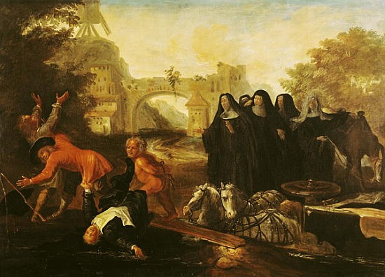 The Abbess of Etival Returning to Le Mans with Four Nuns, from ''Roman Comique'' Paul Scarron (1610- od Jean de Coulom