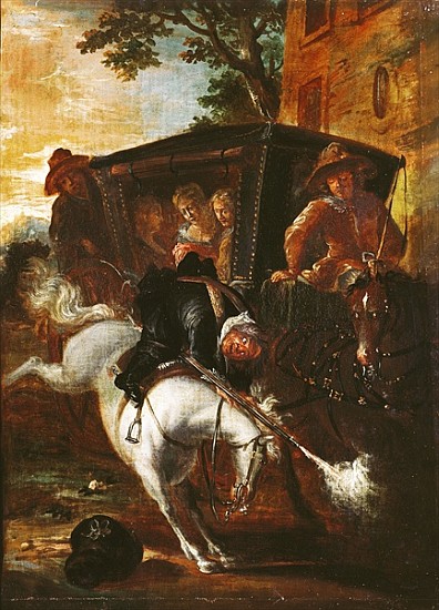 With a Musket on his Back, Ragotin Climbs onto his Horse to Accompany the Troupe, from ''Roman Comiq od Jean de Coulom