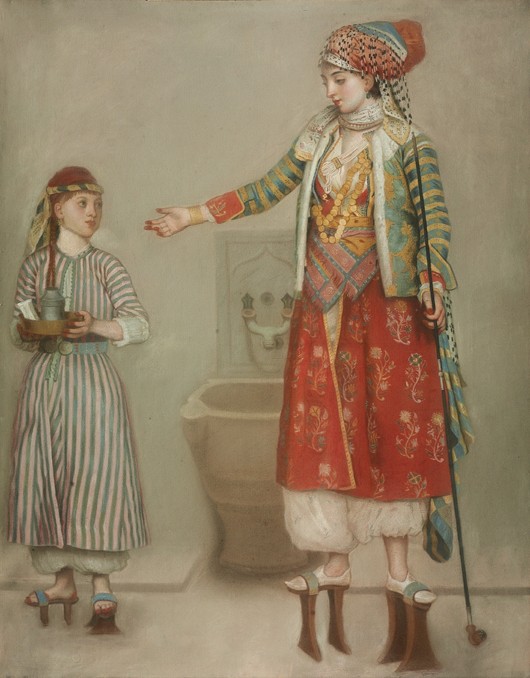 A lady in Turkish costume with her servant at the hammam od Jean-Étienne Liotard