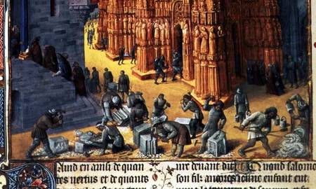 Fr 847 f.153 The Building of the Temple of Jerusalem, detail showing masons at work od Jean Fouquet