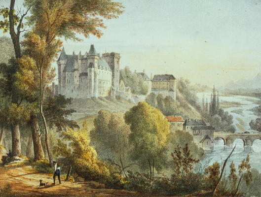 View of the bridge at Jurancon and Chateau Pau, engraved by Gerard Rene Le Vilain (1740-1836) (litho od Jean Joseph Jules Defer
