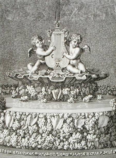 Two Cupids holding a lyre, a fountain at Versailles, 1677, from 'Les Plans, Profils et Elevations de od Jean Lepautre