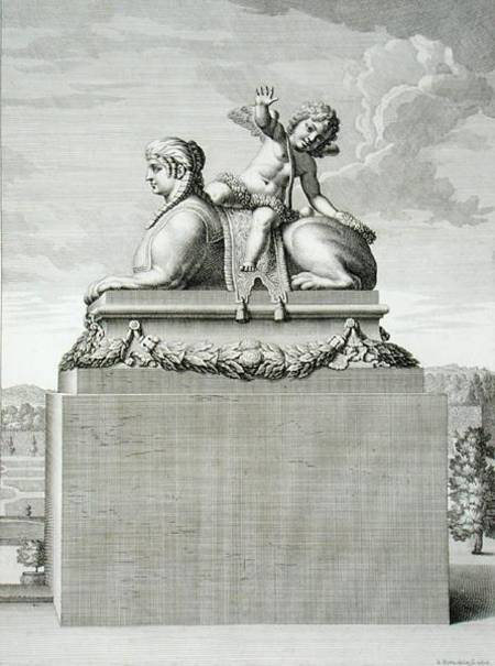 Figure of a sphinx in white marble, carrying a bronze Cupid, at Versailles, 1676, from 'Vues et Plan od Jean Lepautre