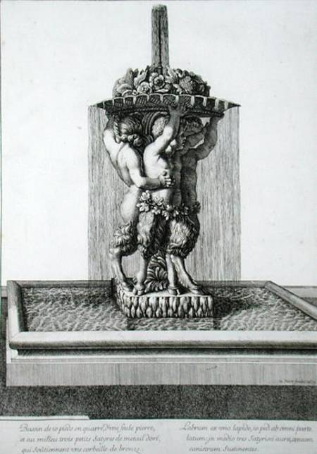 Three small satyrs holding a bowl of flowers, a fountain probably at Versailles, 1673, from 'Les Pla od Jean Lepautre