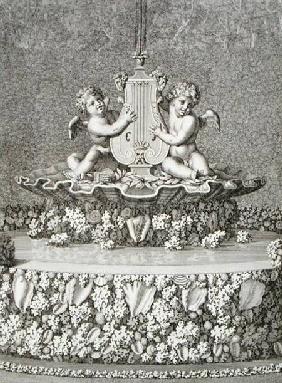 Two Cupids holding a lyre, a fountain at Versailles, 1677, from 'Les Plans, Profils et Elevations de