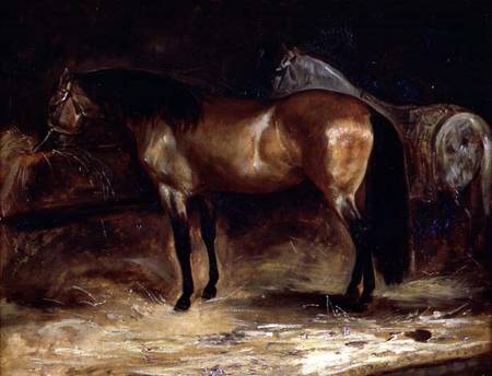 A Bay Horse at a manger, with a grey horse in a rug od Jean Louis Théodore Géricault