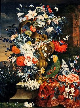 Bouquet of flowers and a parrot