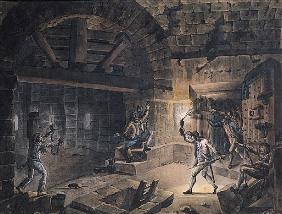 View of a cell in the Bastille at the moment of releasing prisoners on 14th July, 1789 (pen, ink & g