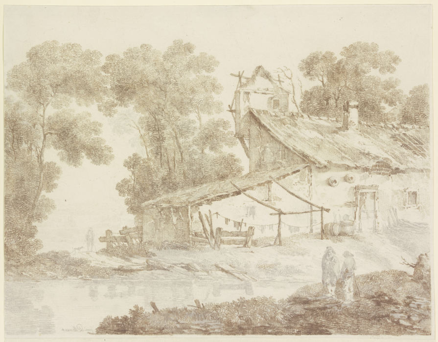 Ärmliches Bauernhaus an einem Gewässer, mit aufgehängter Wäsche od Jean Pillement
