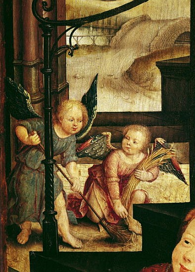 Triptych of the Adoration of the Child, detail of two angels sweeping from the right hand panel od Jean the Elder Bellegambe