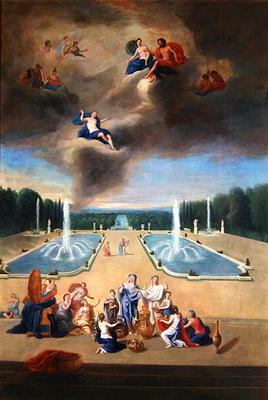Groves of Versailles. View of the water parterre and the cabinets of animals, with priestesses prepa od Jean the Younger Cotelle