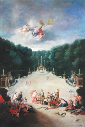 The Groves of Versailles. View of the Arc de Triomphe and France Triumphant with Nymphs Chaining Cap