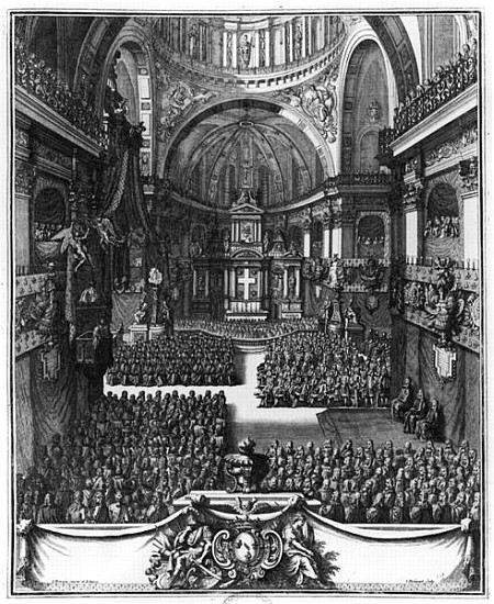 Funeral of Marie-Louise d''Orleans (1662-89) Queen of Spain, at the church St. Paul St. Louis, Paris od Jean II (the Younger) Berain