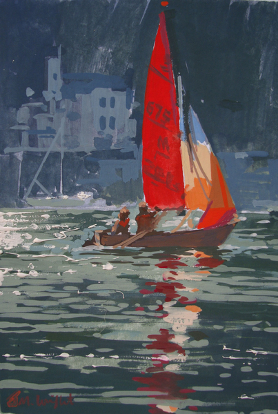 Red sail boat Salcombe od Jennifer Wright