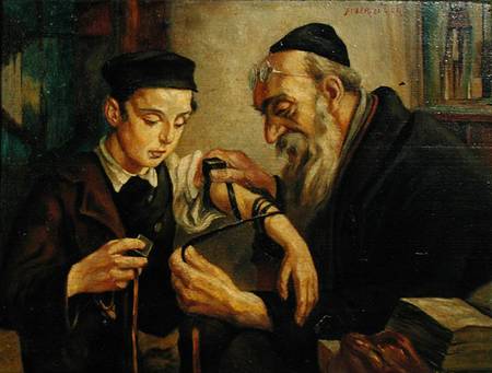 A Rabbi tying the Phylacteries to the arm of a boy od Jewish School