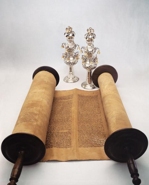 Torah scroll with Silver Crown finials (paper, wood & silver)