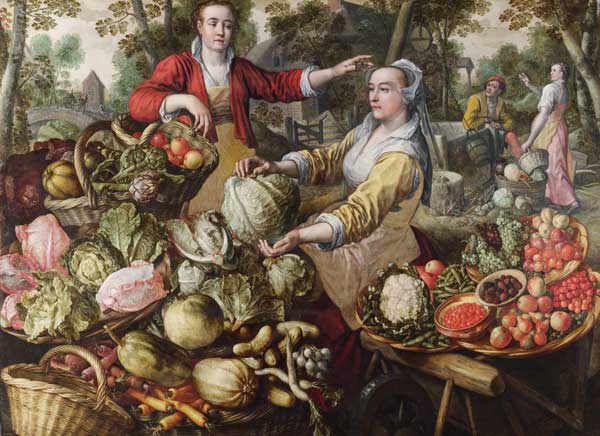 The Four Elements: Earth. A Fruit and Vegetable Market with the Flight into Egypt in the Background od Joachim Beuckelaer