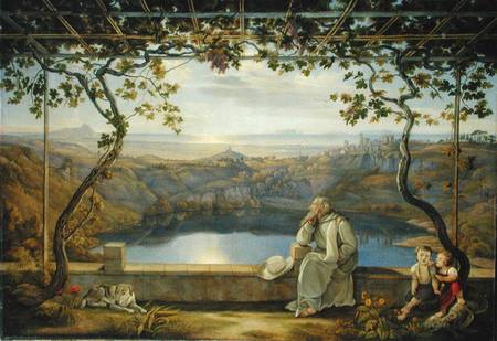Monk sitting on a Terrace overlooking Lake Nemisee od Joachim Faber