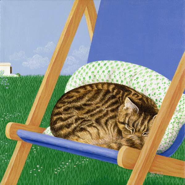 Tabby cat asleep in a deck chair od Joan Freestone