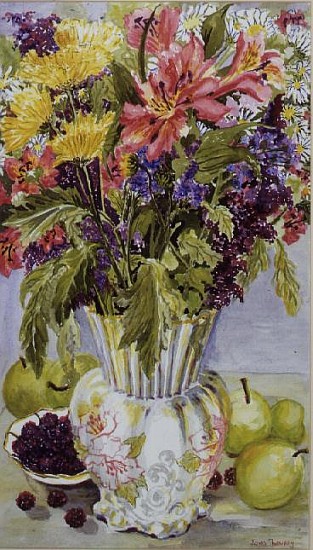Blackberries and Apples with a Jug of Mixed Flowers (w/c)  od Joan  Thewsey