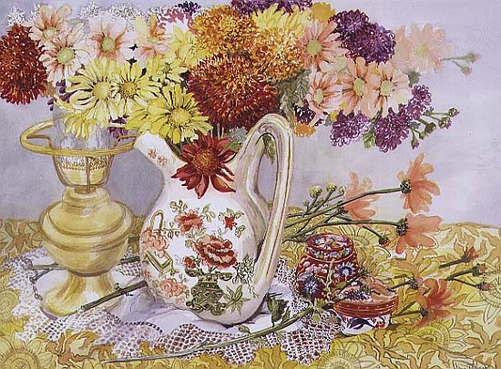 Chrysanthemums in a Chinese Jug (w/c)  od Joan  Thewsey