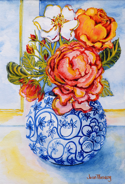 Cottage Roses, Round Blue and White Vase od Joan  Thewsey