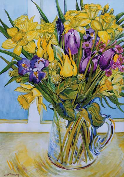 Daffodils and tulips in a glass jug by a window od Joan  Thewsey