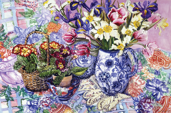Daffodils, Tulips and Iris in a Jacobean Blue and White Jug with Sanderson Fabric and Primroses od Joan  Thewsey