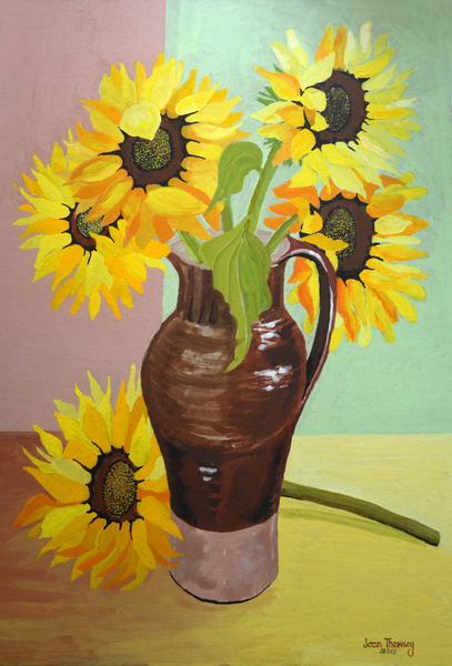 Five Sunflowers in a Tall Brown Jug od Joan  Thewsey