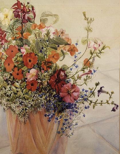 Petunias, Lobelias, Busy Lizzies and Fuschia in a Terracotta Pot (w/c)  od Joan  Thewsey