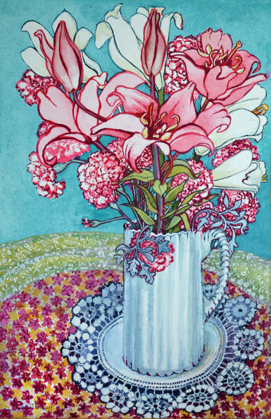 Pink Lilies in a Jug, with Lace od Joan  Thewsey