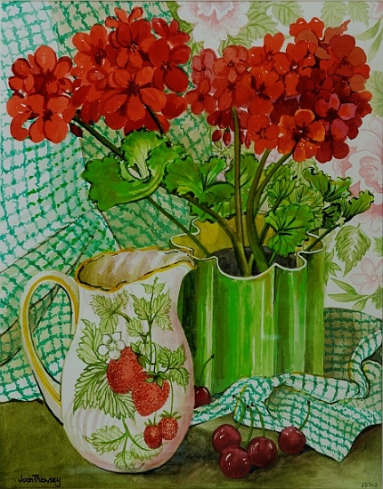 Red geranium with the strawberry jug and cherries od Joan  Thewsey
