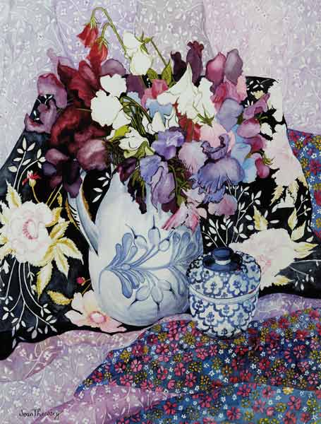 Sweet peas in a blue and white jug with blue and white pot and textiles od Joan  Thewsey