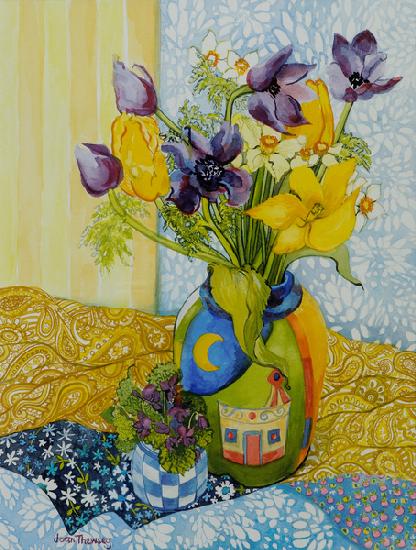 Tulips and Anemones with a Pot of Violets