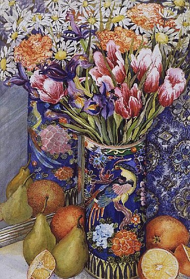 Tulips in a Japanese Vase with Fruit (w/c)  od Joan  Thewsey