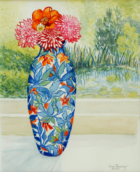 Vase with Dahlias and View of the Pond od Joan  Thewsey