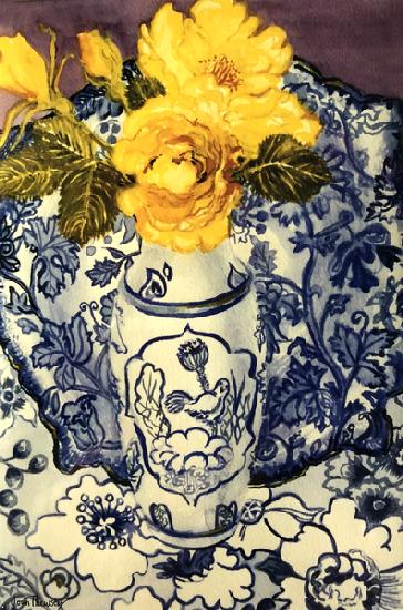 Yellow Roses in a Blue and White Vase with Patterned Blue and White Textiles