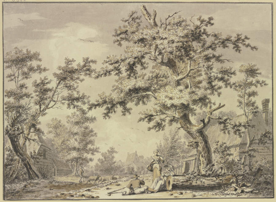 Unter einem Baum zwei Frauen und ein Bauer mit einem Sack od Johan Bernhard Brandhoff