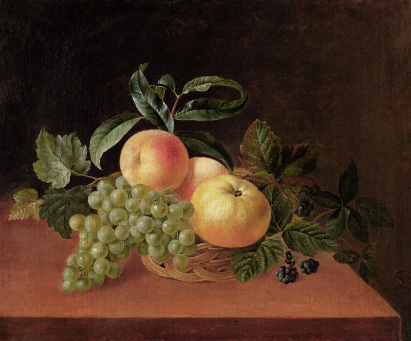 Basket with Apples, Peach and Grapes od Johan Laurentz Jensen