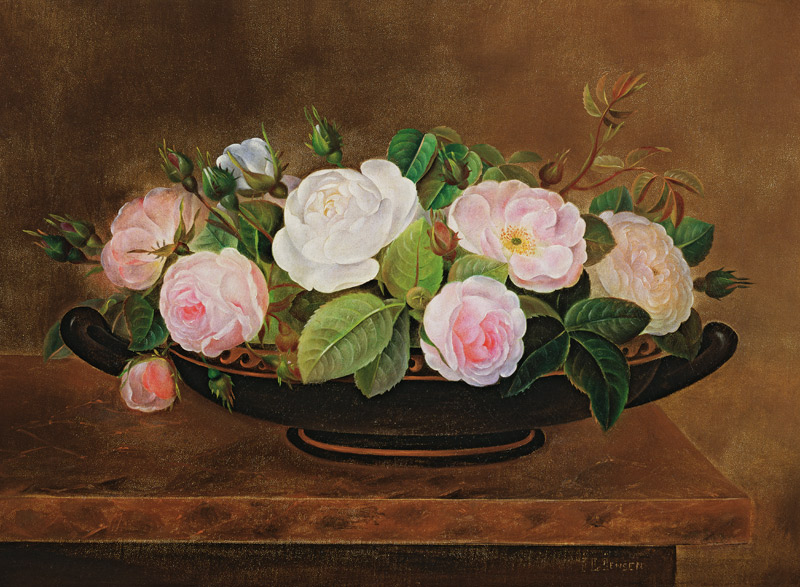 Bowl of Roses on a Marble Ledge od Johan Laurentz Jensen