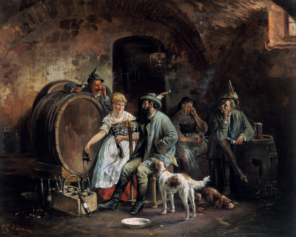 Zecherei in the wine cellar when filling the wine bottles od Johann Adalbert Heine