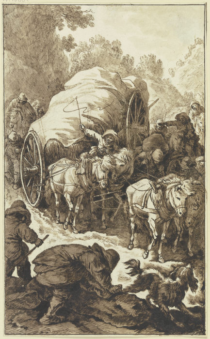Ein hochbepackter, von vier Pferden gezogener Wagen kommt einen Gebirgsweg herab od Johann Albrecht Dietzsch