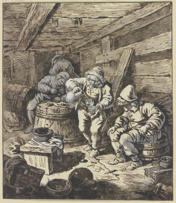 In einem niedrigen, holzverkleideten Raum mit Fässern sitzt rechts ein Bauer, nach seinem Kumpan sch od Johann Albrecht Dietzsch