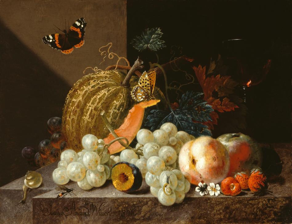 Früchtestillleben mit Weinglas und  Insekten od Johann Amandus Winck