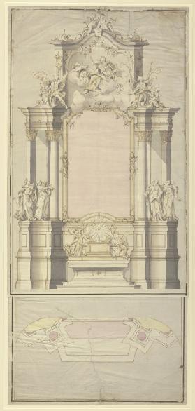 Altarentwurf: An den Säulen links der Heilige Petrus und die Heilige Margarethe, rechts der Heilige 