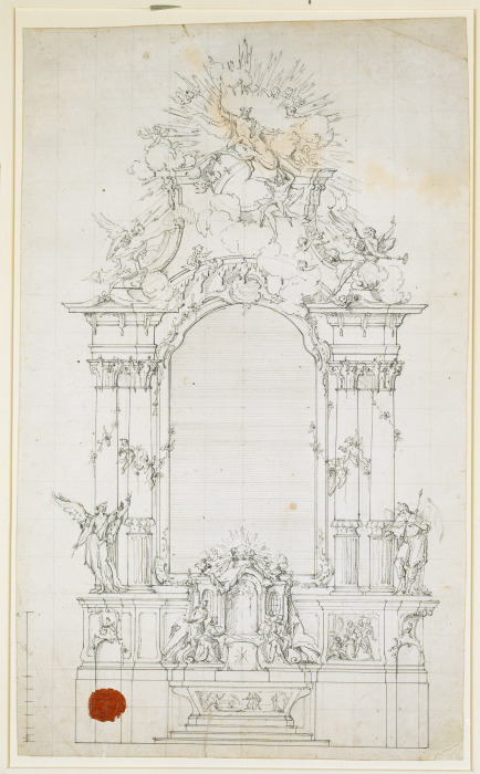 Altarentwurf: Je zwei glatte Säulen tragen den Auszug mit Gottvater und Engeln, neben den Säulen zwe od Johann Baptist Straub