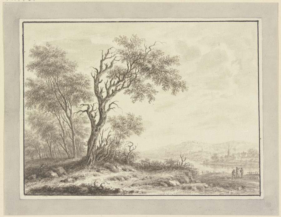 Baumgruppe an einem Flußufer, im Hintergrund ein Dorf od Johann Caspar Zehender